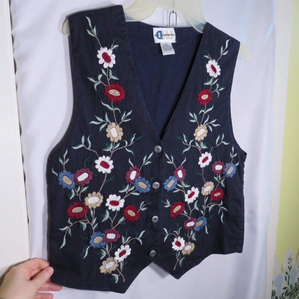 Paul Harris Design Embroidered Floral Vest Large 100% Cotton Warm Tones UNISEX